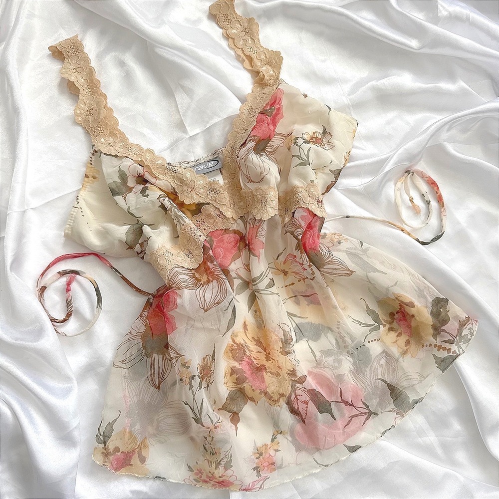 Vintage Rave Floral Lace Trim Camisole Top Sheer Chiffon Empire Waist Large